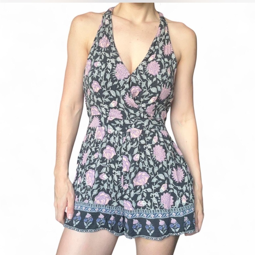 American Eagle Outfitters Gray and Purple Floral V-Neck Halter Romper size M